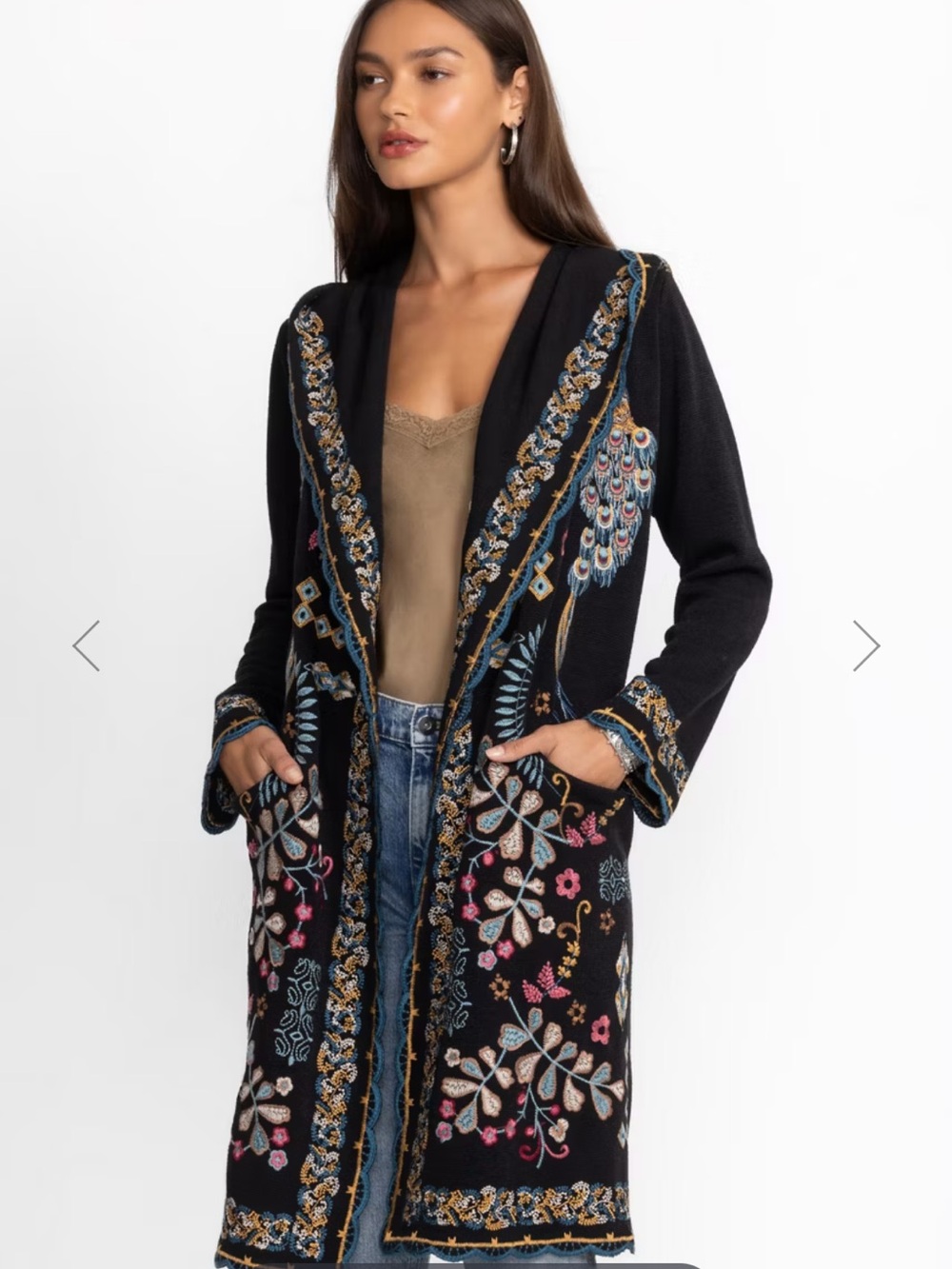 Vintage Sundance Johnny Was Embroidered Hooded Long Cardigan Duster XS